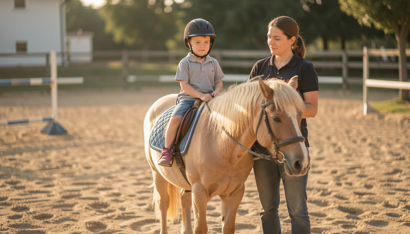 Un jeune enfant coiffé d'un casque d'équitation assis sur un poney à la robe claire, tenu par une monitrice au bord d'une carrière de sable, lumière chaude du matin sur les collines.