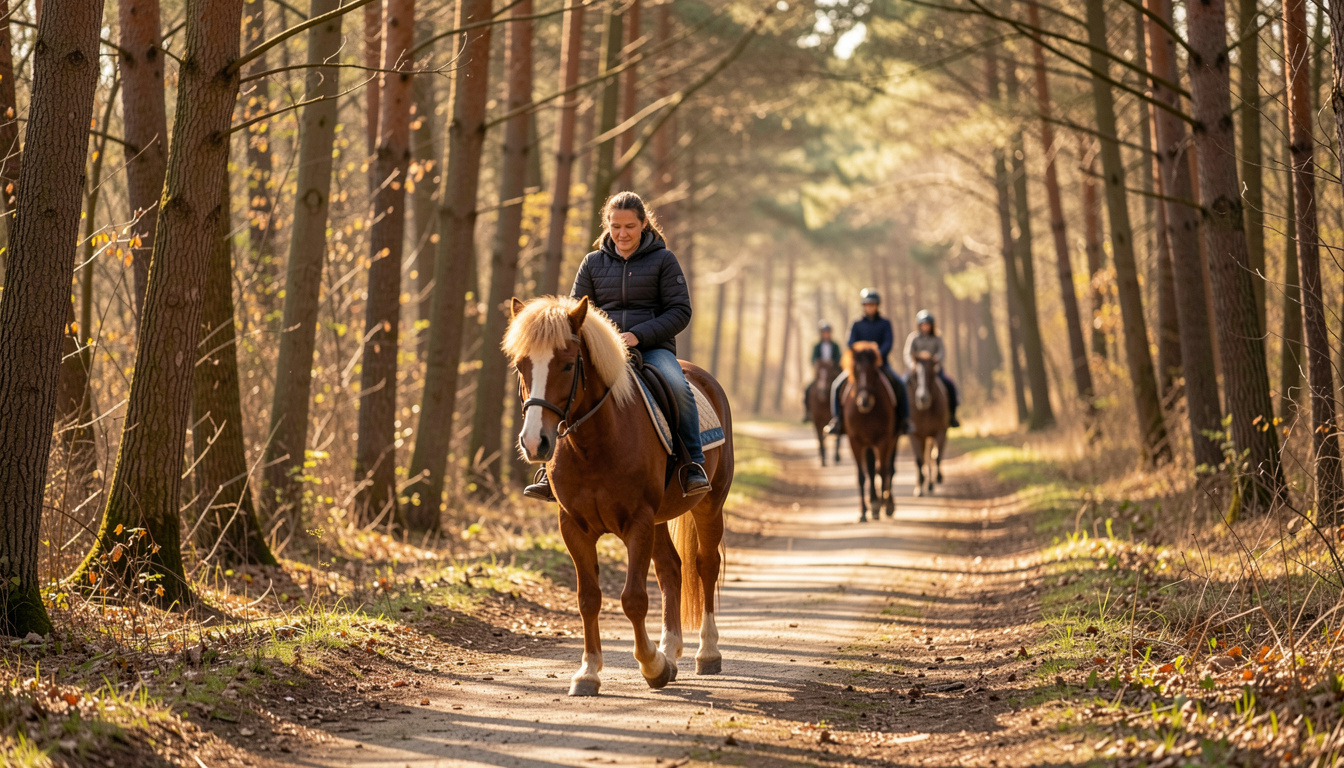 Un adulte conduisant un poney sur un chemin ombragé, enfant en selle, un second groupe de cavaliers plus loin sur le sentier, sous-bois de châtaigniers et lumière filtrée entre les feuilles.