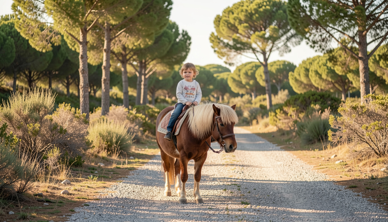 Jeune enfant assis en selle sur un petit poney alezan à crinière blonde arrêté au milieu d'un chemin empierré, pins parasols et broussailles sèches de chaque côté, lumière d'après-midi, ciel dégagé.