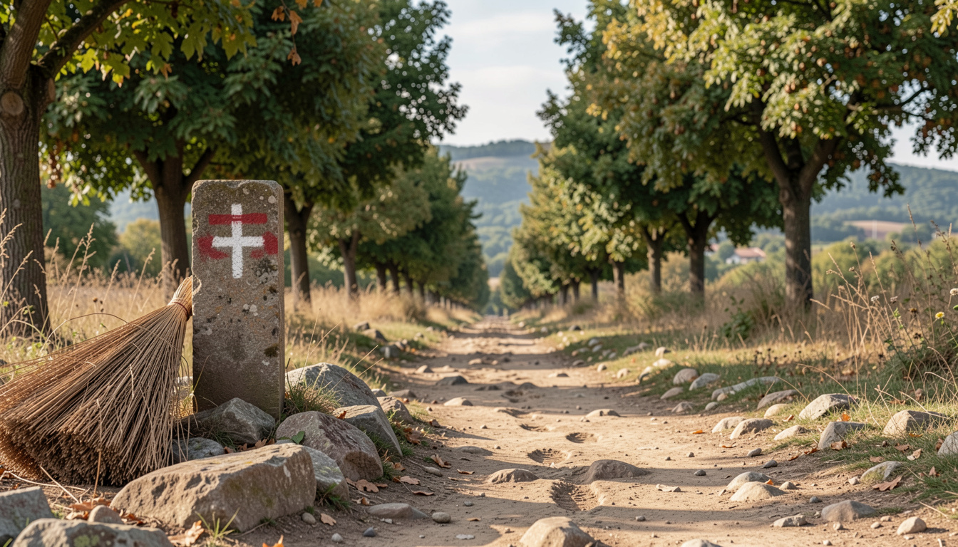 Un sentier pierreux marqué d'une balise peinte sur un poteau de pierre, traces de sabots dans la poussière, genêts et châtaigniers de part et d'autre, collines à l'horizon sous un ciel clair de saison sèche.