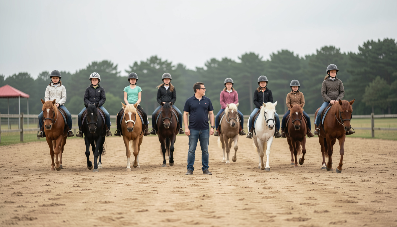 Un groupe de jeunes cavaliers casqués avançant en file sur leurs poneys dans une carrière de sable, monitrice debout au centre, ciel couvert et lisière d'arbres en arrière-plan, au début d'une séance.