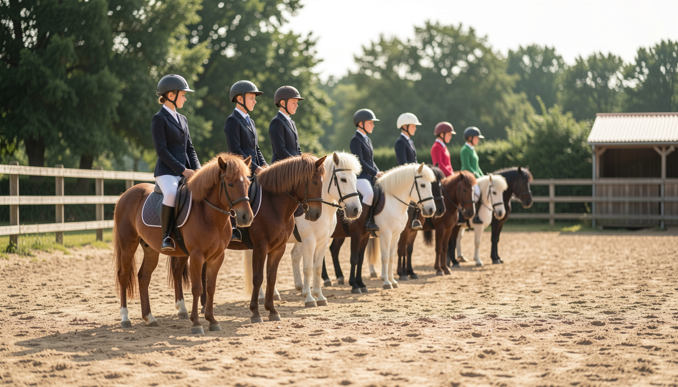File de jeunes cavaliers casqués en vestes sombres alignés sur leurs poneys dans une carrière de sable, montures baies et blanches côte à côte, rideau d'arbres verts en arrière-plan, lumière de matinée.