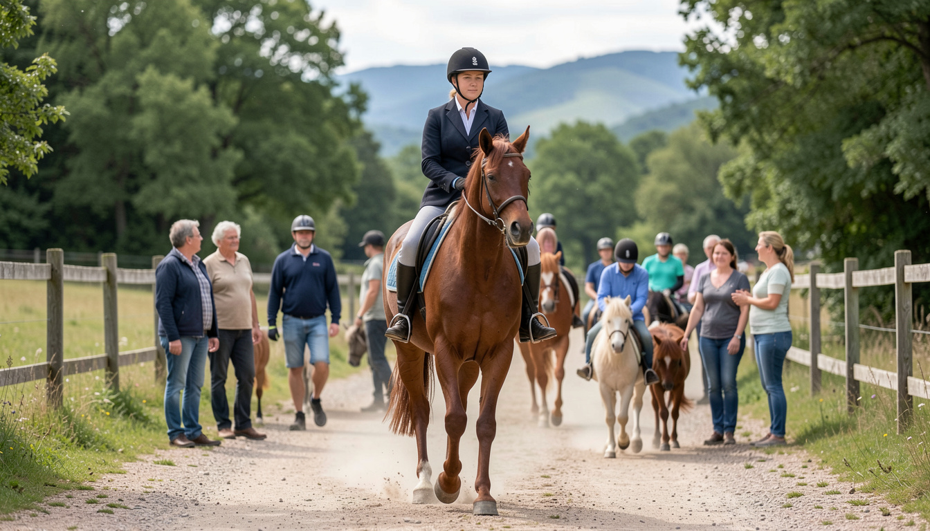 Cavalière en veste sombre sur un cheval alezan au milieu d'un groupe de marcheurs et de cavaliers à poney sur un chemin clair, haies et bosquets tout autour, en début de matinée.