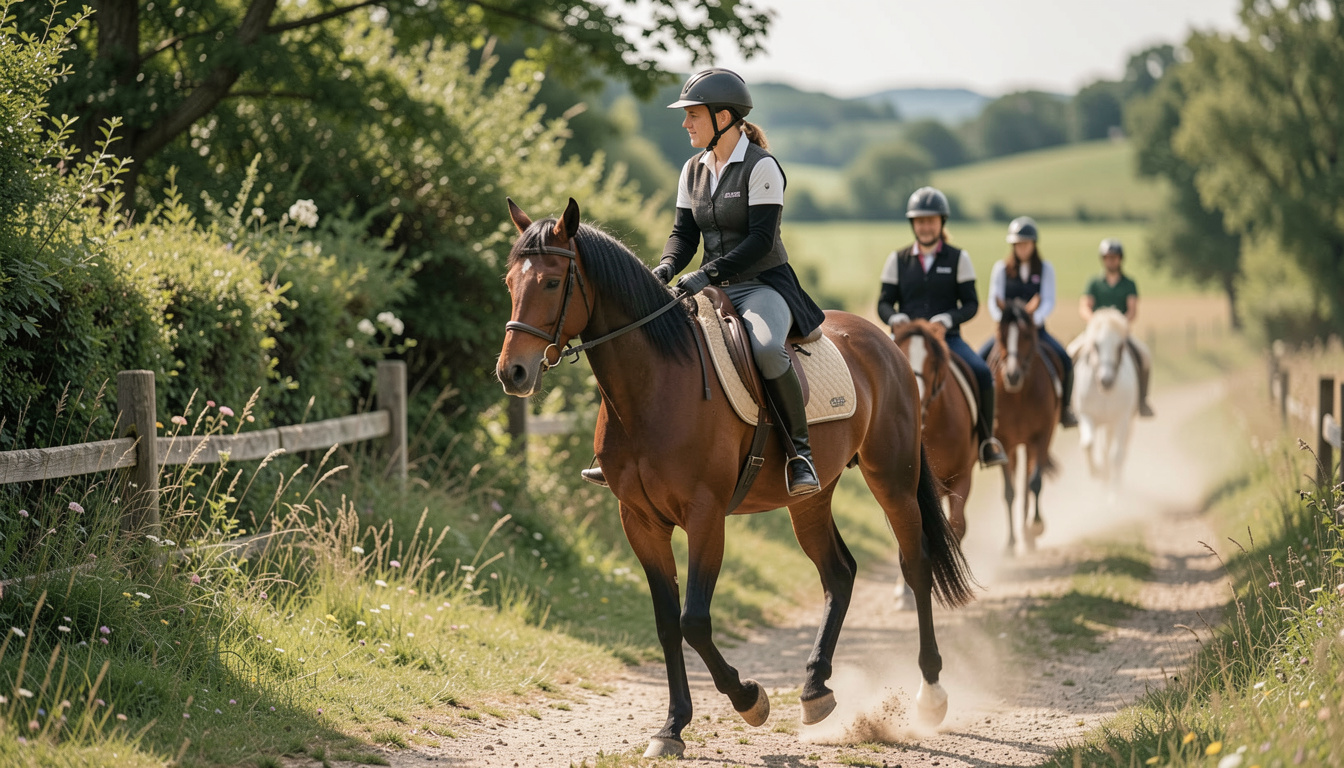 Cavalière en gilet noir au trot sur un cheval bai, trois cavaliers en file derrière elle, chemin creux entre haies et clôture de bois, lumière de fin de journée sur les crêtes.