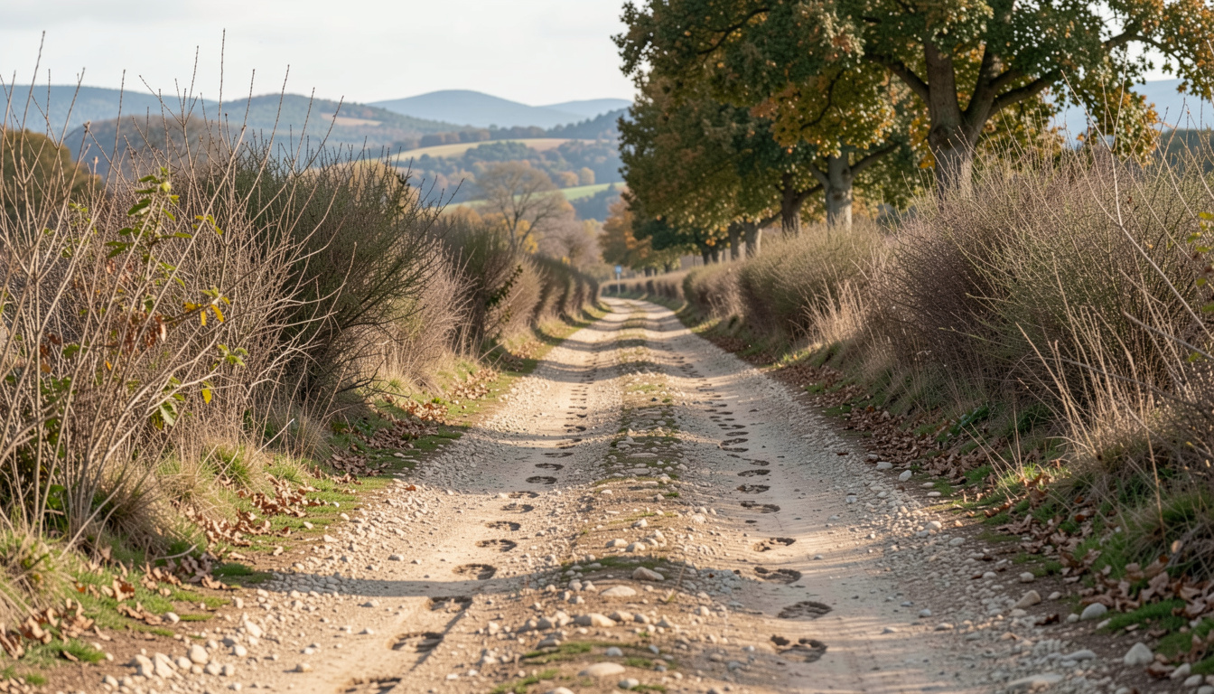 Chemin empierré creusé entre des haies sèches et un châtaignier, empreintes de pas visibles dans la terre, collines cévenoles bleutées à l'horizon, lumière rasante de fin de journée en saison sèche.