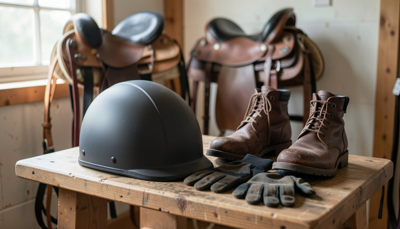 Un casque d'équitation, une paire de gants et une botte posés sur un banc de bois dans une sellerie, cuir et étriers en arrière-plan flou, lumière latérale naturelle, aucun texte, aucune inscription.