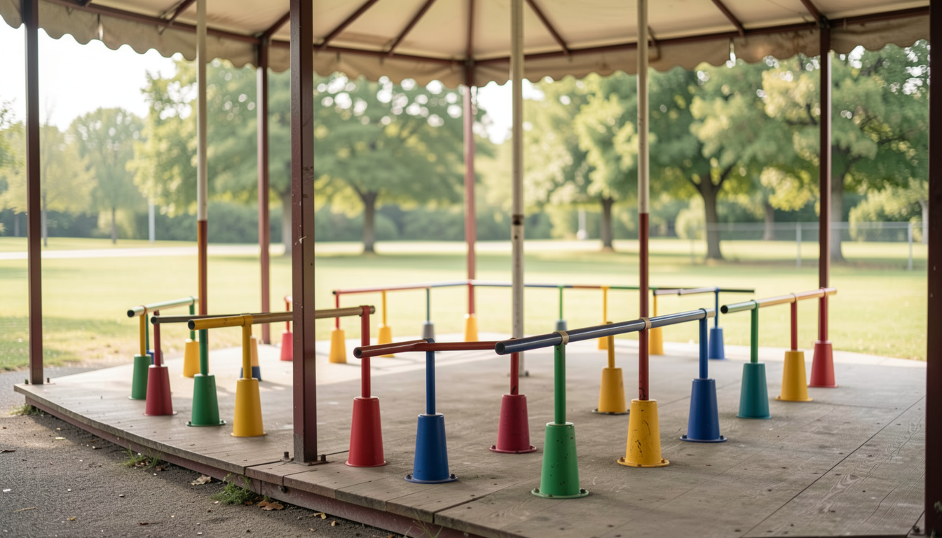 Manège couvert vide vu depuis son bord, barres d'obstacle posées sur des cônes multicolores alignés sur le sol en bois, prairie et arbres flous derrière la structure, lumière douce du matin.