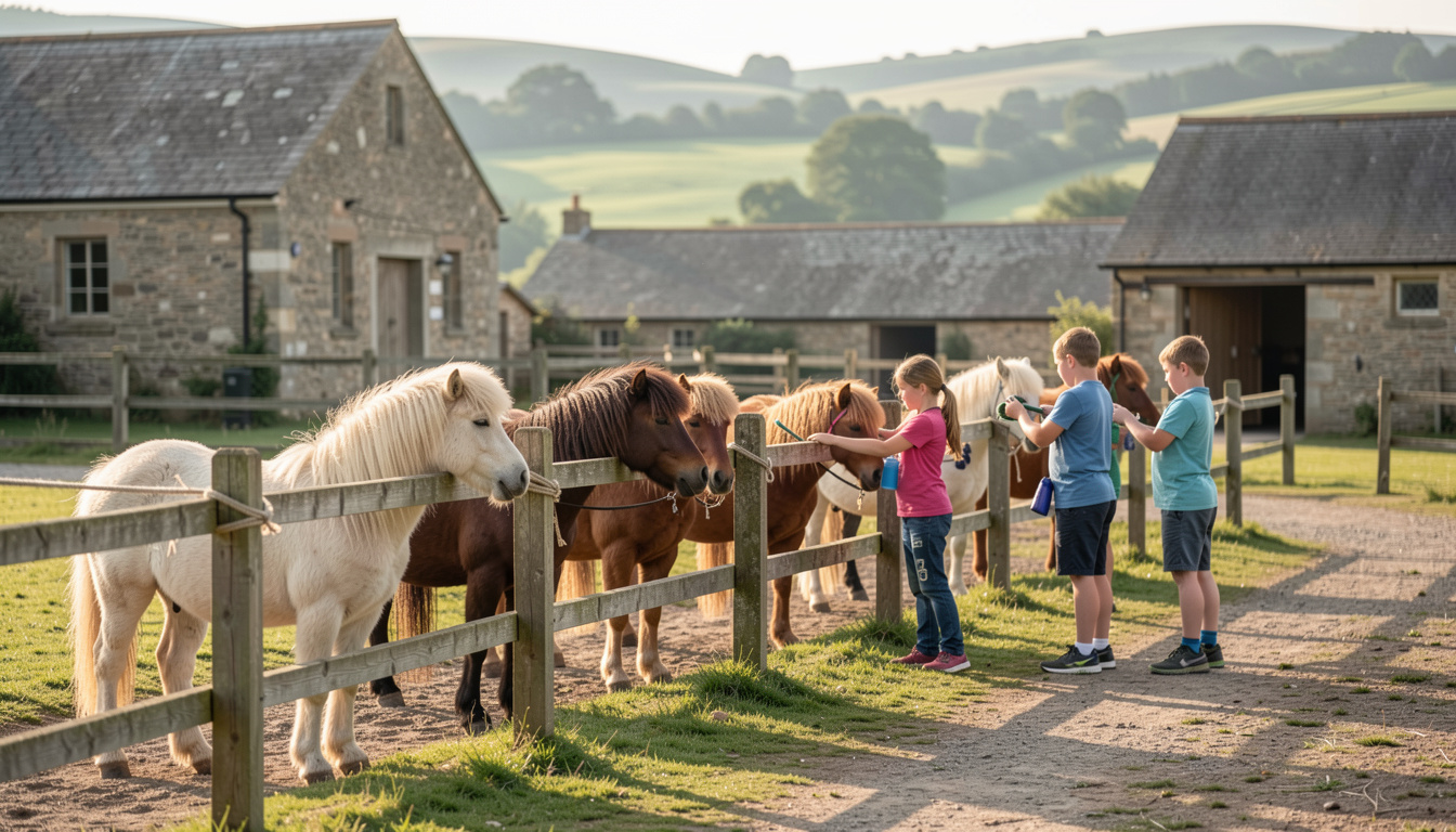 Une rangée de petits poneys attachés le long d'une clôture de bois dans une cour de poney club, enfants les brossant, bâtiments de pierre et collines vertes derrière, lumière du matin.